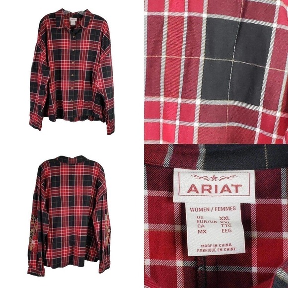 Ariat Button Down Shirt Women's Plus Size XXL Red Plaid LS Embroidered Floral - Picture 1 of 13
